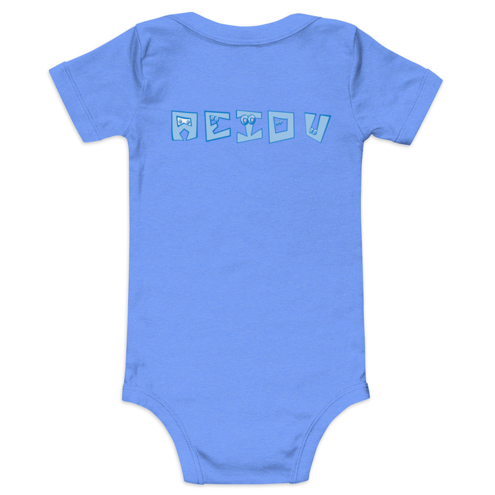 AEIOU Blue Embroidered "E" Baby short sleeve one piece