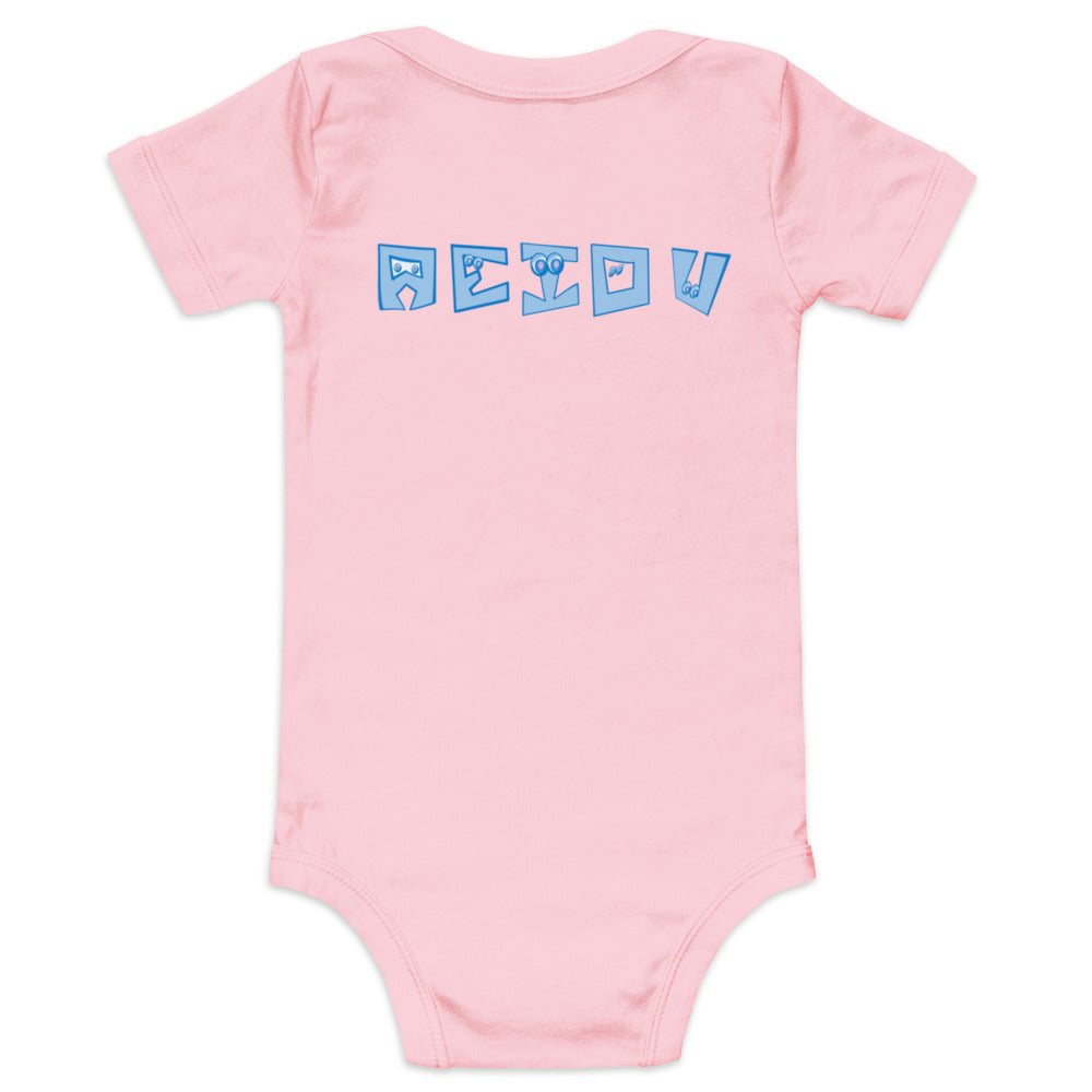 AEIOU Blue Embroidered "E" Baby short sleeve one piece