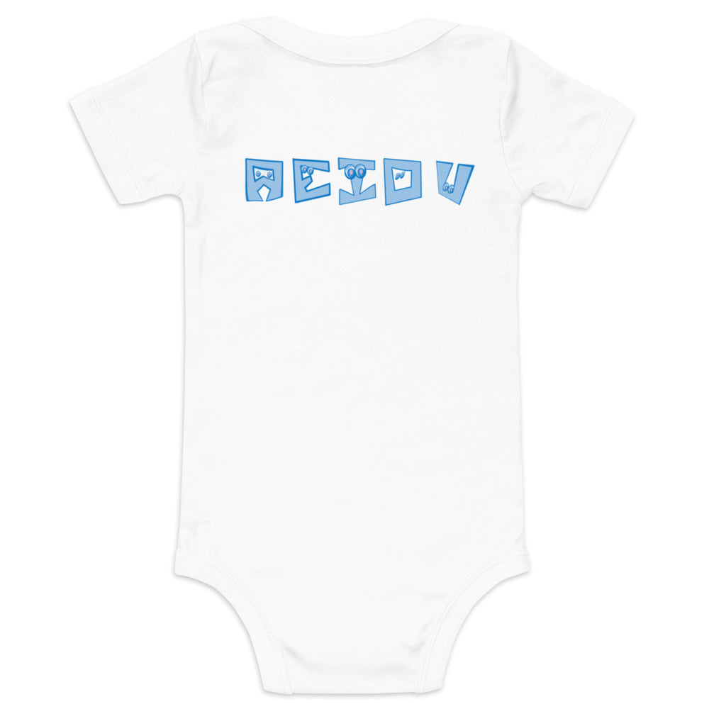 AEIOU Blue Embroidered "E" Baby short sleeve one piece