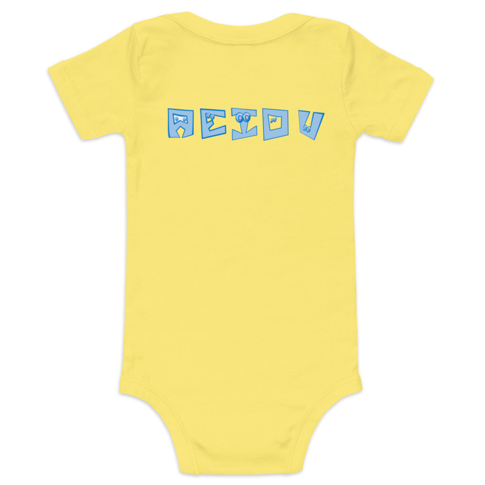 AEIOU Blue Embroidered "E" Baby short sleeve one piece