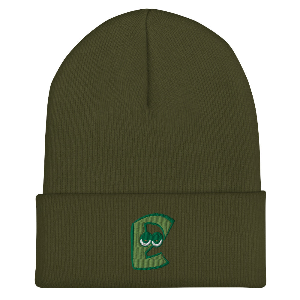 AEIOU Green Embroidered "E" Cuffed Beanie
