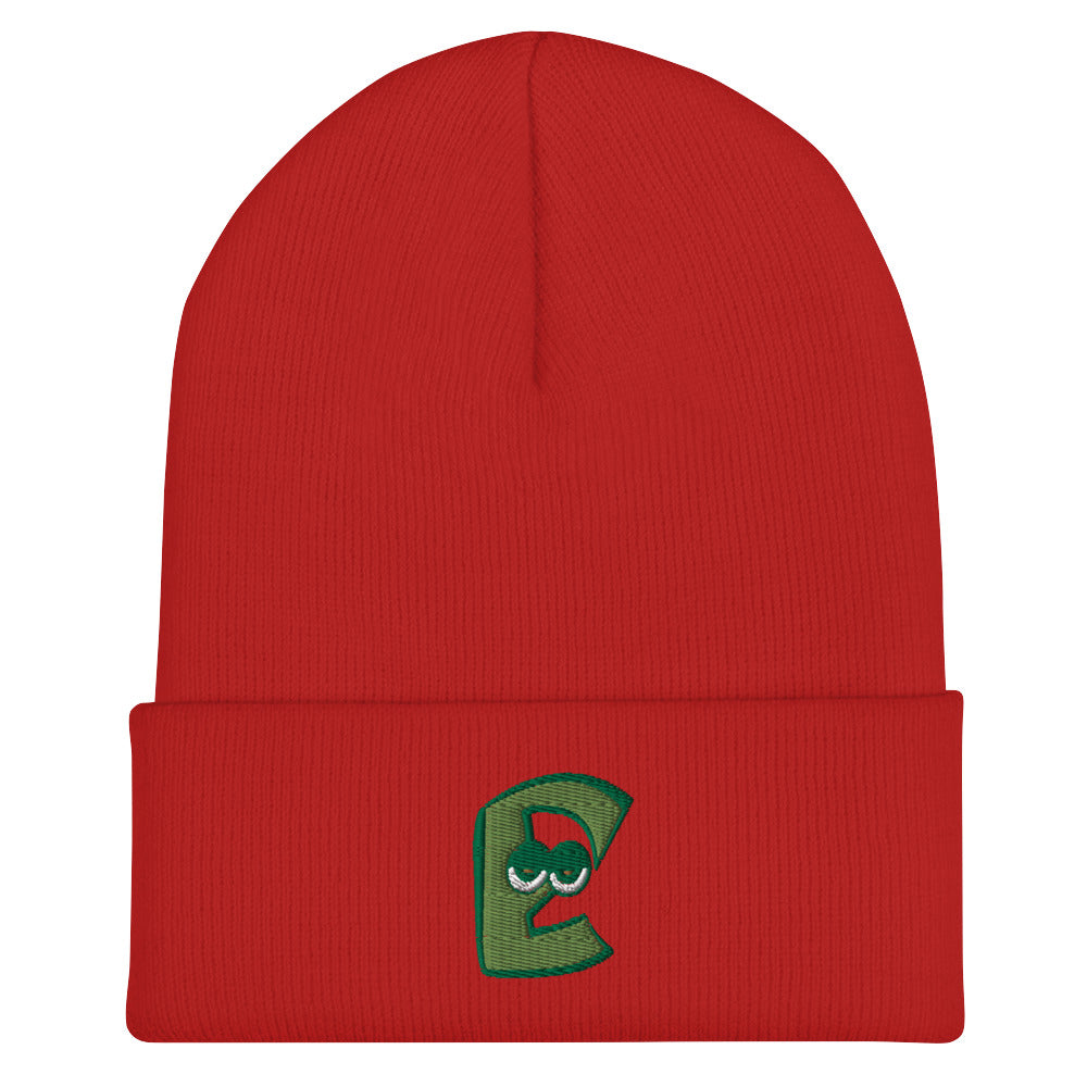 AEIOU Green Embroidered "E" Cuffed Beanie