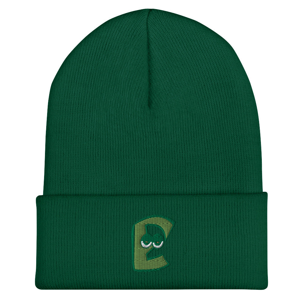 AEIOU Green Embroidered "E" Cuffed Beanie