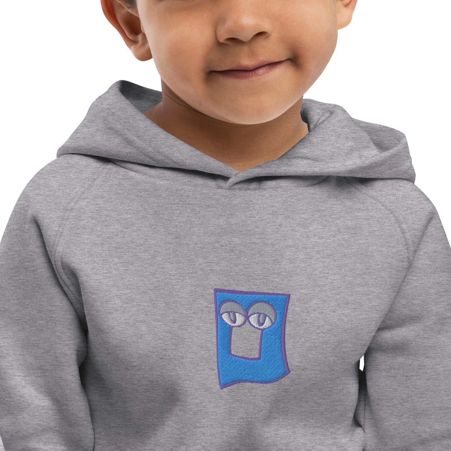 AEIOU "O" Blue Embroidery Kids eco hoodie