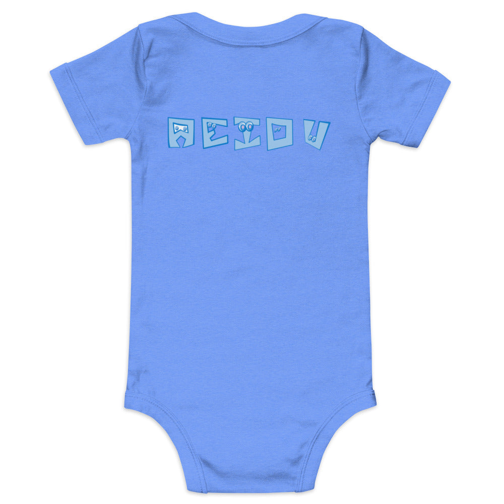 AEIOU Blue Embroidered "A" Baby short sleeve one piece