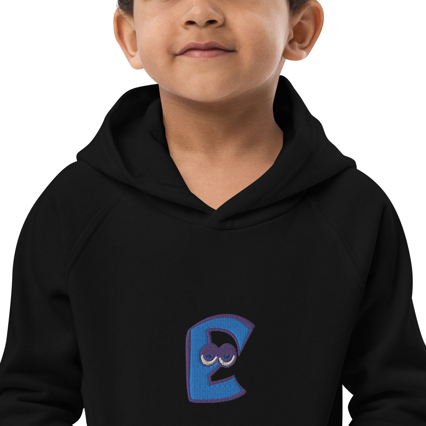 AEIOU Blue Embroidered "E" Kids eco hoodie