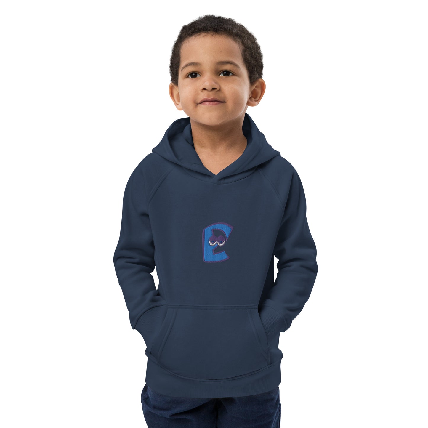 AEIOU Blue Embroidered "E" Kids eco hoodie