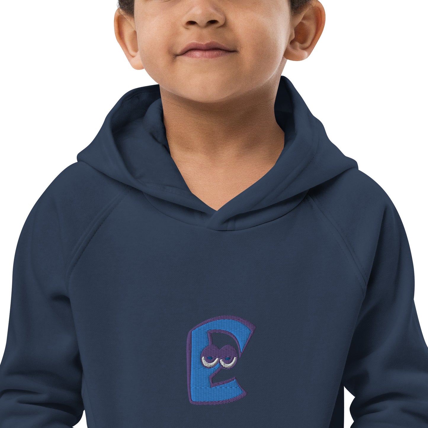 AEIOU Blue Embroidered "E" Kids eco hoodie