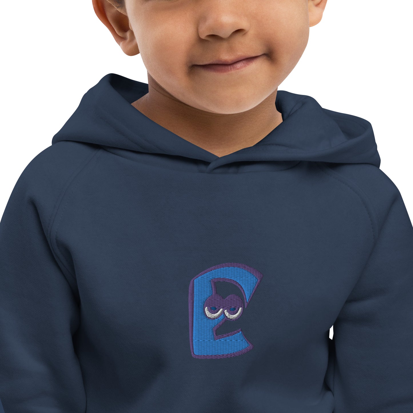 AEIOU Blue Embroidered "E" Kids eco hoodie