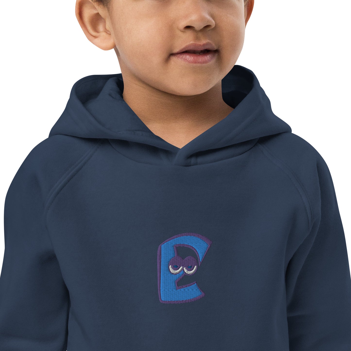 AEIOU Blue Embroidered "E" Kids eco hoodie