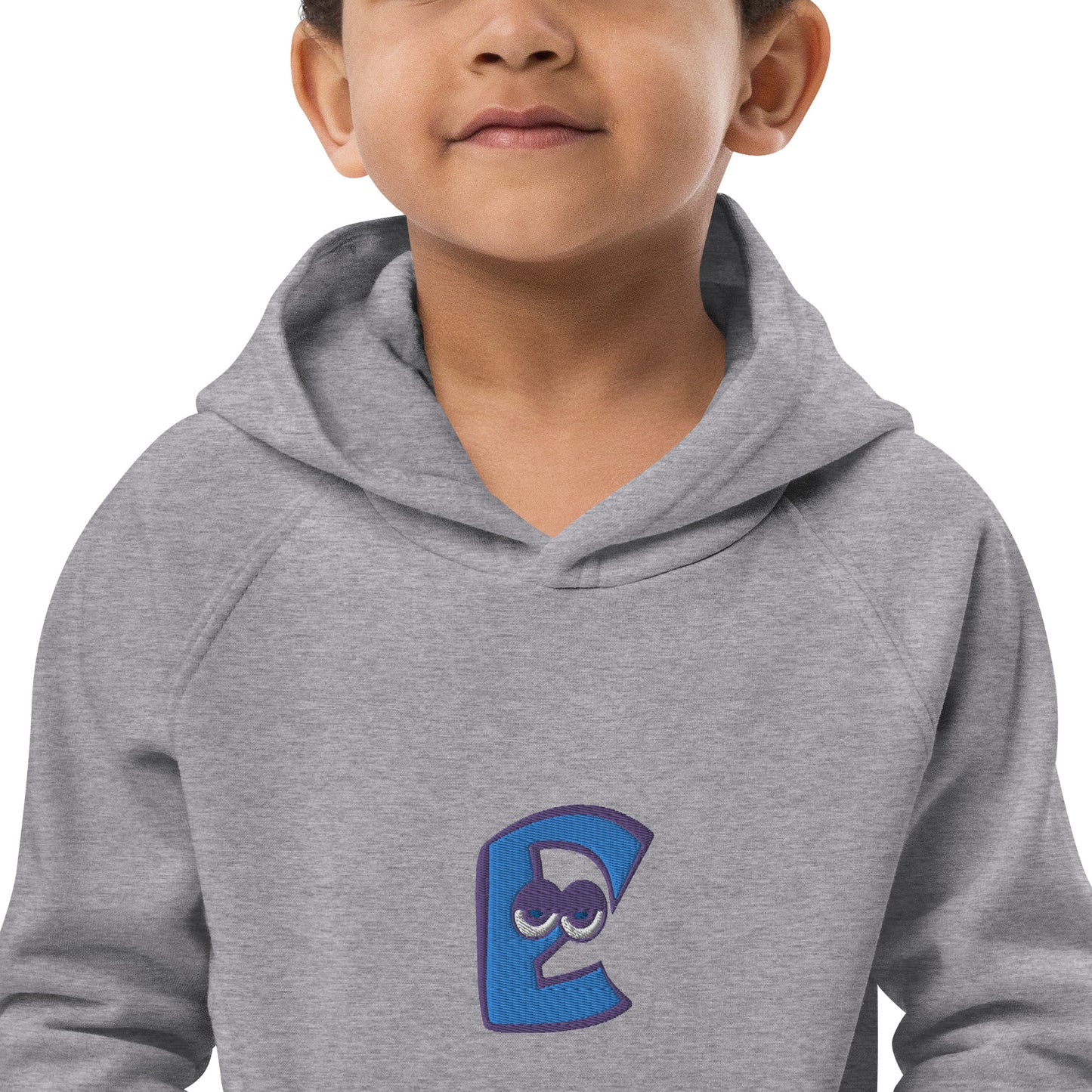 AEIOU Blue Embroidered "E" Kids eco hoodie