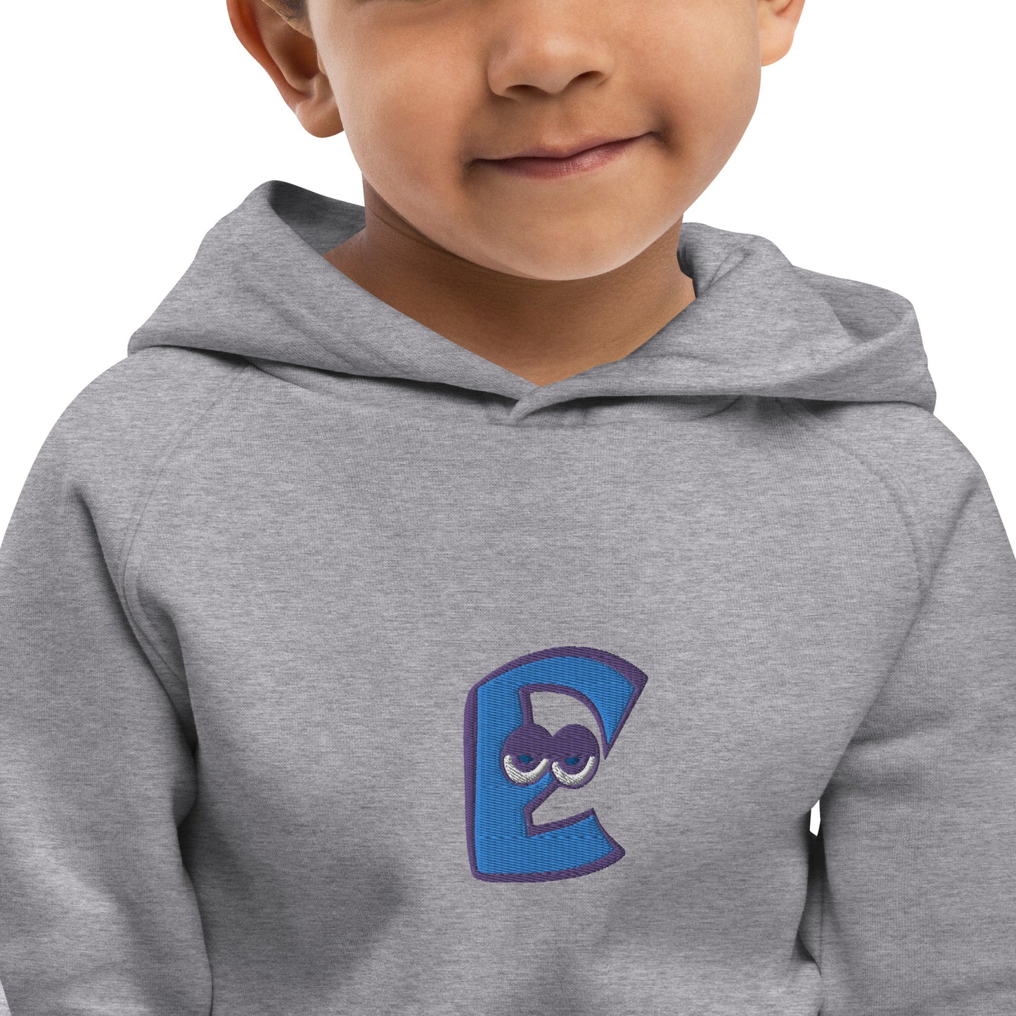 AEIOU Blue Embroidered "E" Kids eco hoodie