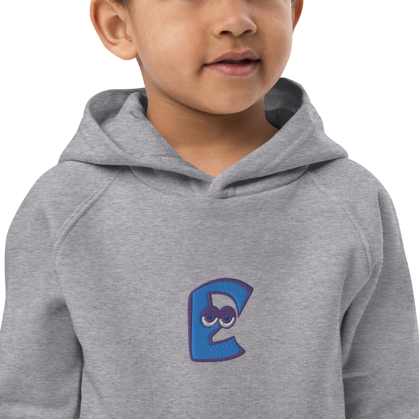 AEIOU Blue Embroidered "E" Kids eco hoodie