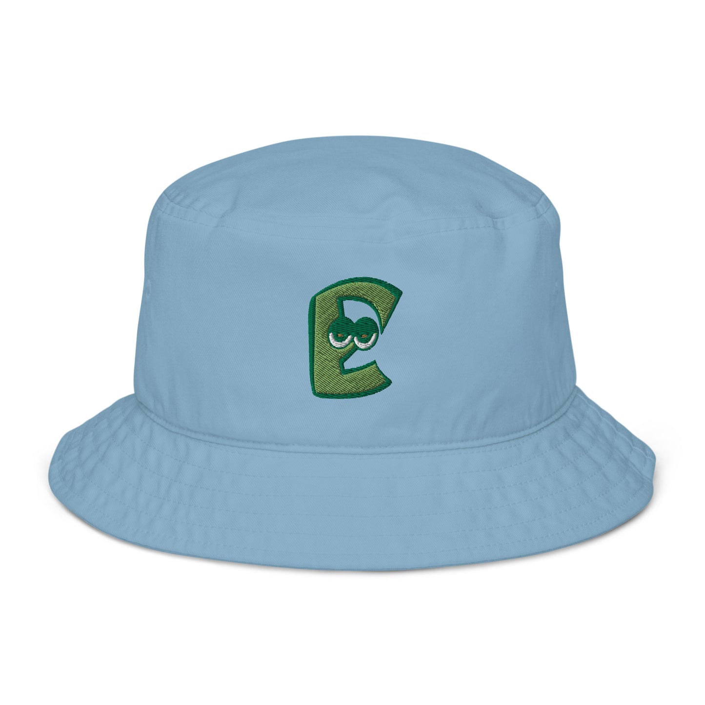 AEIOU Green Embroidered "E" Organic bucket hat